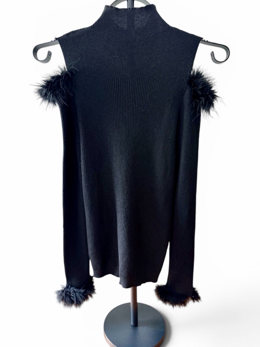 Queenia Black Feather Trim Cold Shoulder Sweater Top NWT Mock Neck Grunge Glam - Picture 2 of 8